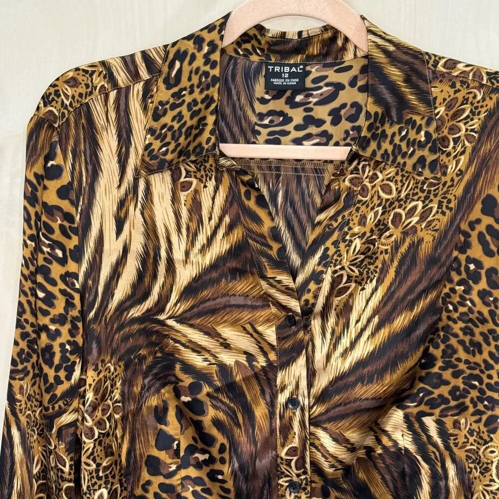 TRIBAL Jungle Cats Animal Print Blouse Size 12 100% Silk Brown Tan Black - Picture 2 of 11